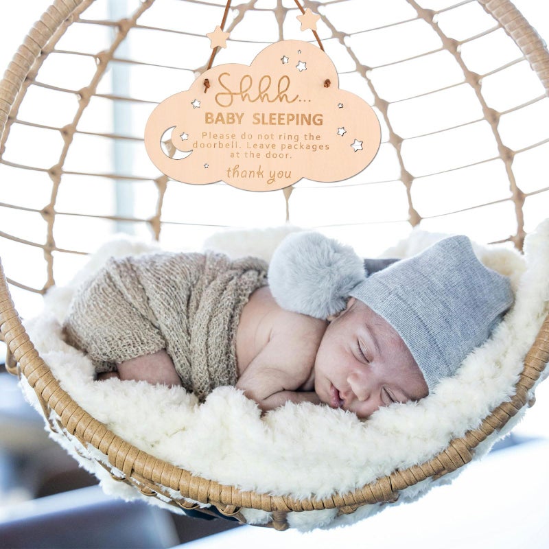 PEUTIER Wooden Sleeping Sign for Front Door - Shhh Baby Sleeping Door Hanger  Do Not Ring Doorbell Sign for Home Decoration - Gifts for New Parents - Image 4